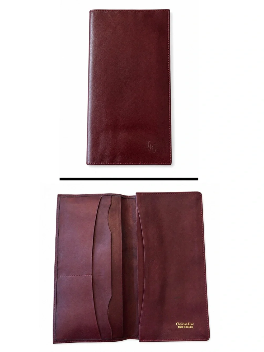 Vintage Christian Dior CD Logo Burgundy Leather Long Wallet Made in France